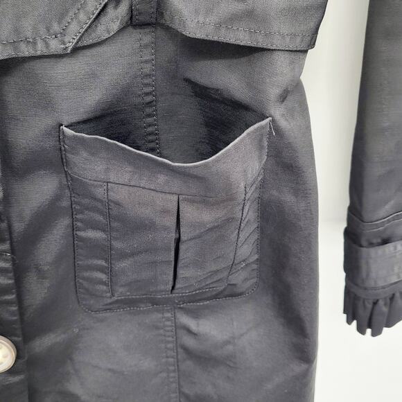 Vintage For Cynthia Black Trench Coat Leopard Print Lining Ruffled Wrists Size M - Picture 8 of 12